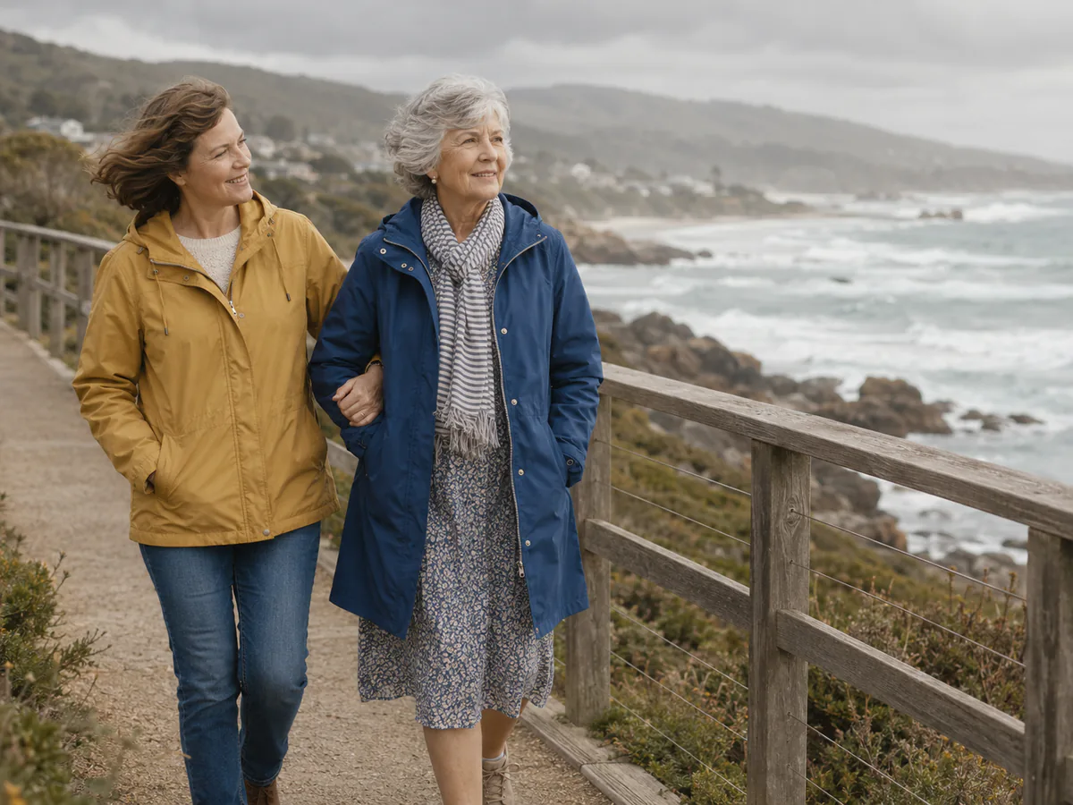 Evelyn walking arm in arm with her daughter along a coastal path