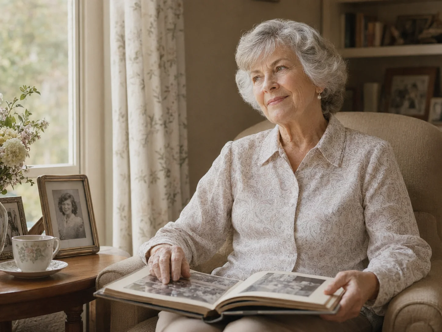 Evelyn sitting by a sunlit window with a family photograph album on her lap