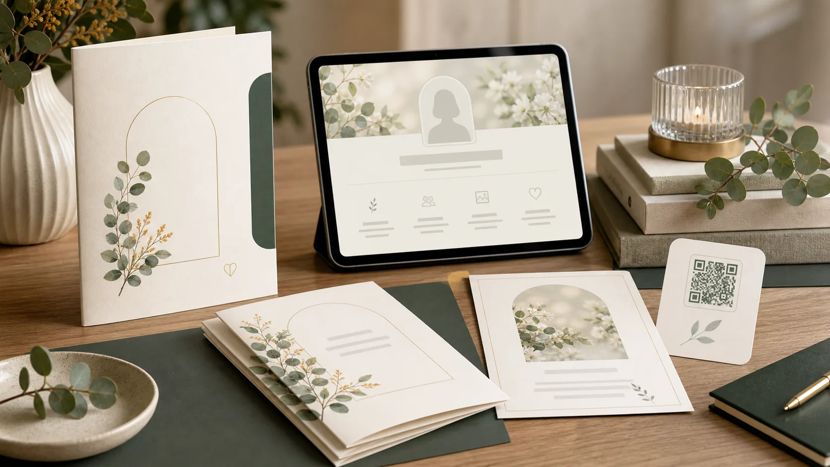 Printed memorial materials, a QR card and a tablet showing an online memorial