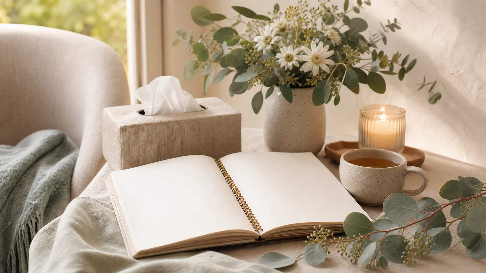 Notebook, candle, tea and native flowers representing practical grief support