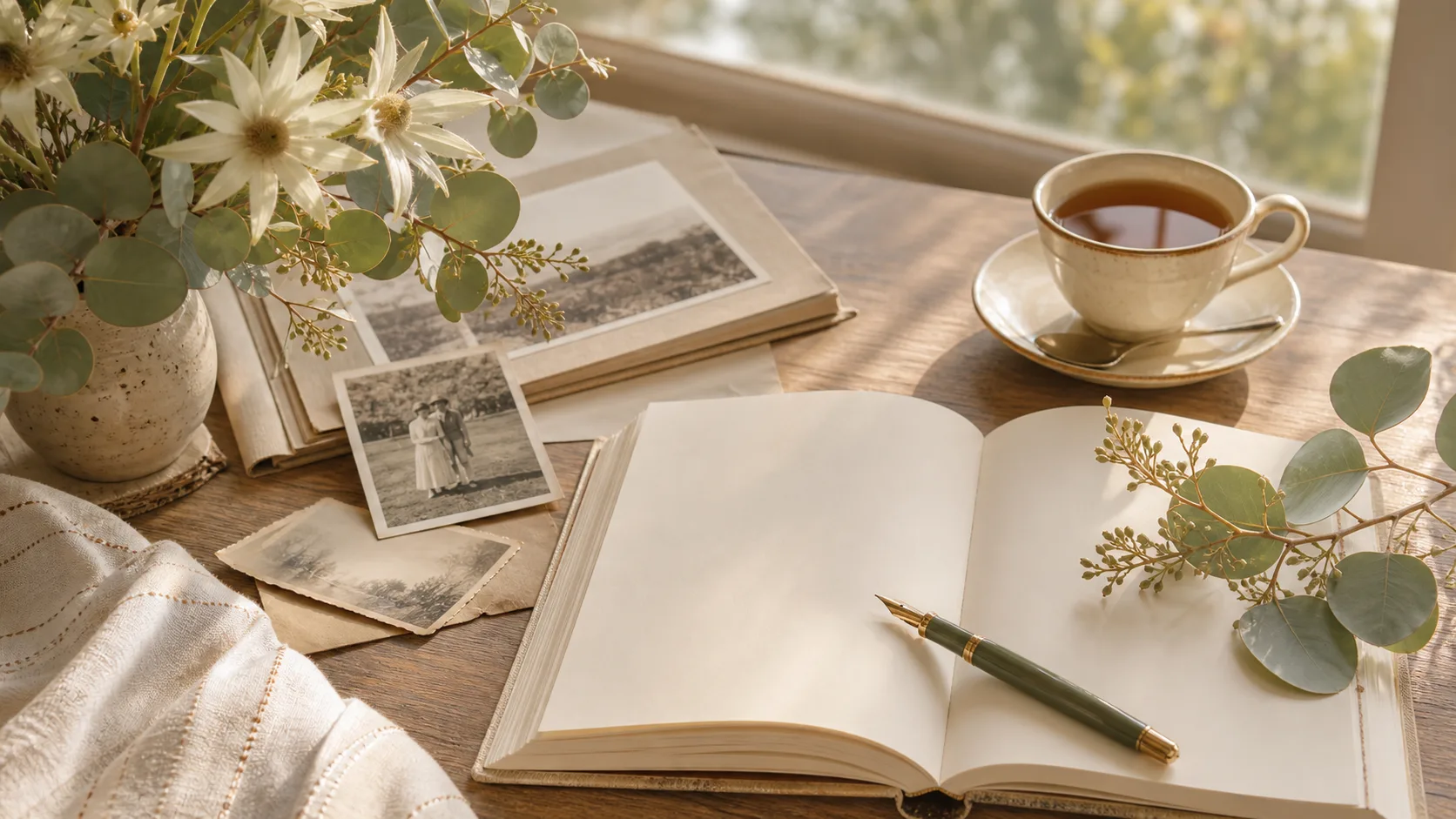 Notebook, family photographs and native flowers prepared for writing a memorial life story