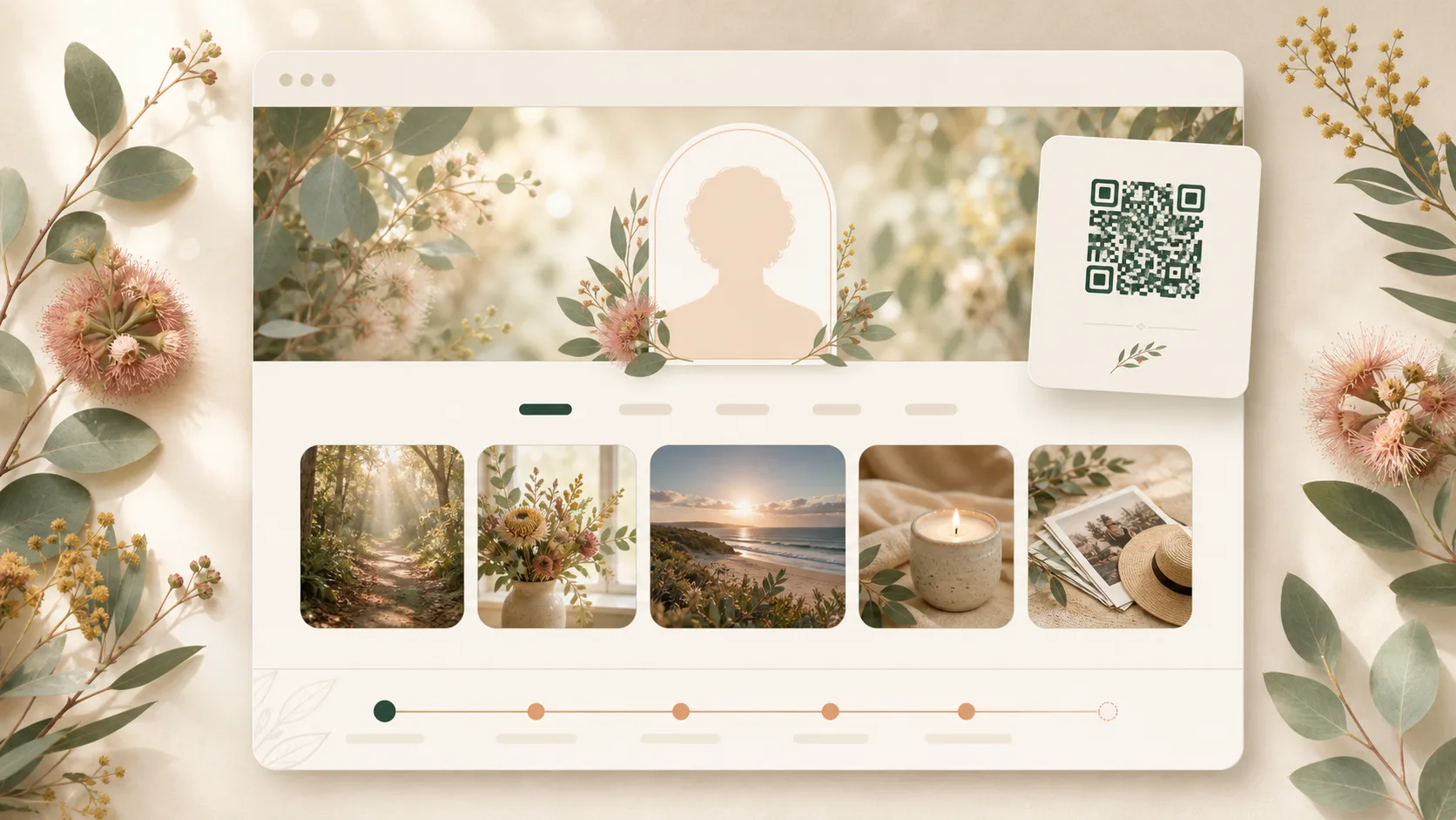 Warm online memorial page preview with photos, timeline and QR card