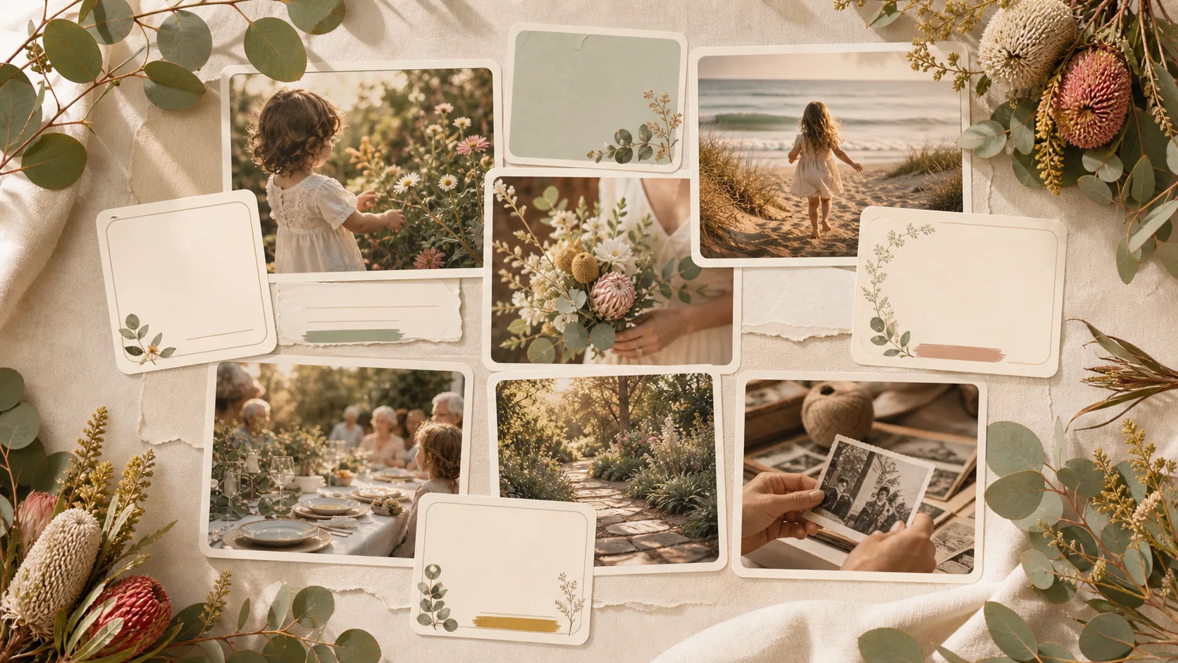 Memorial photo gallery collage with portraits, family moments and caption cards