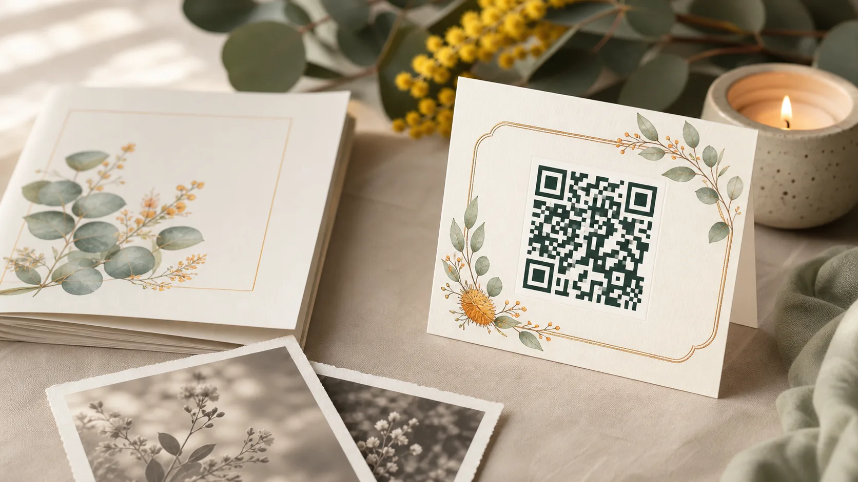 Downloadable memorial QR card beside photographs and printed keepsakes