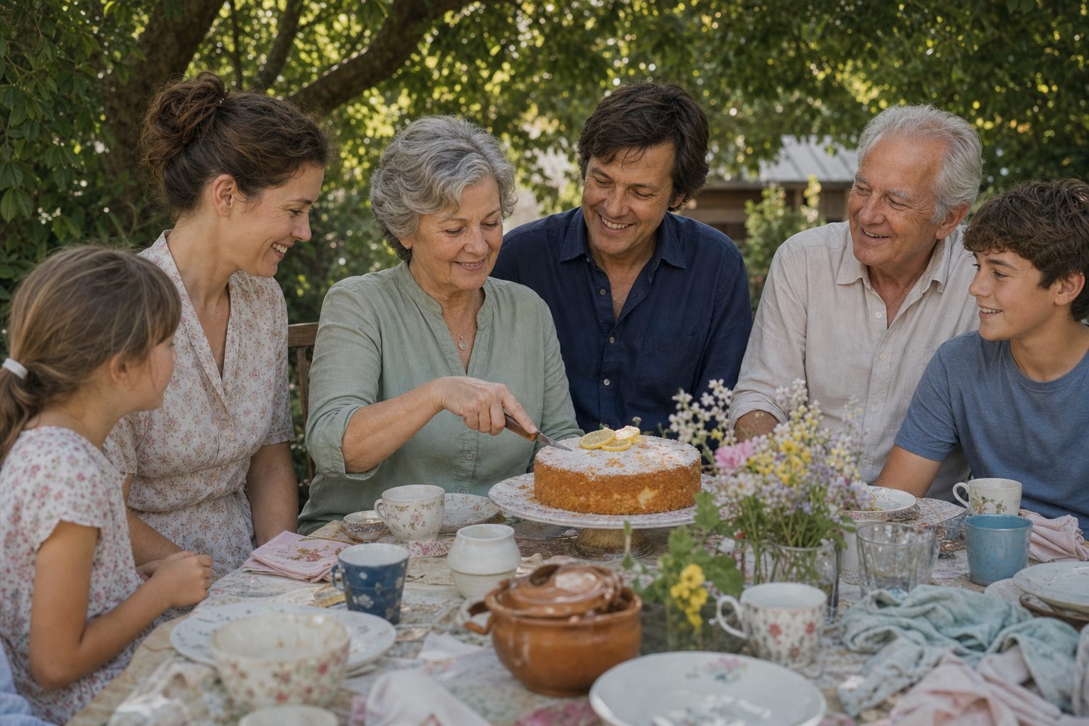 Margaret cutting a lemon cake surrounded by family