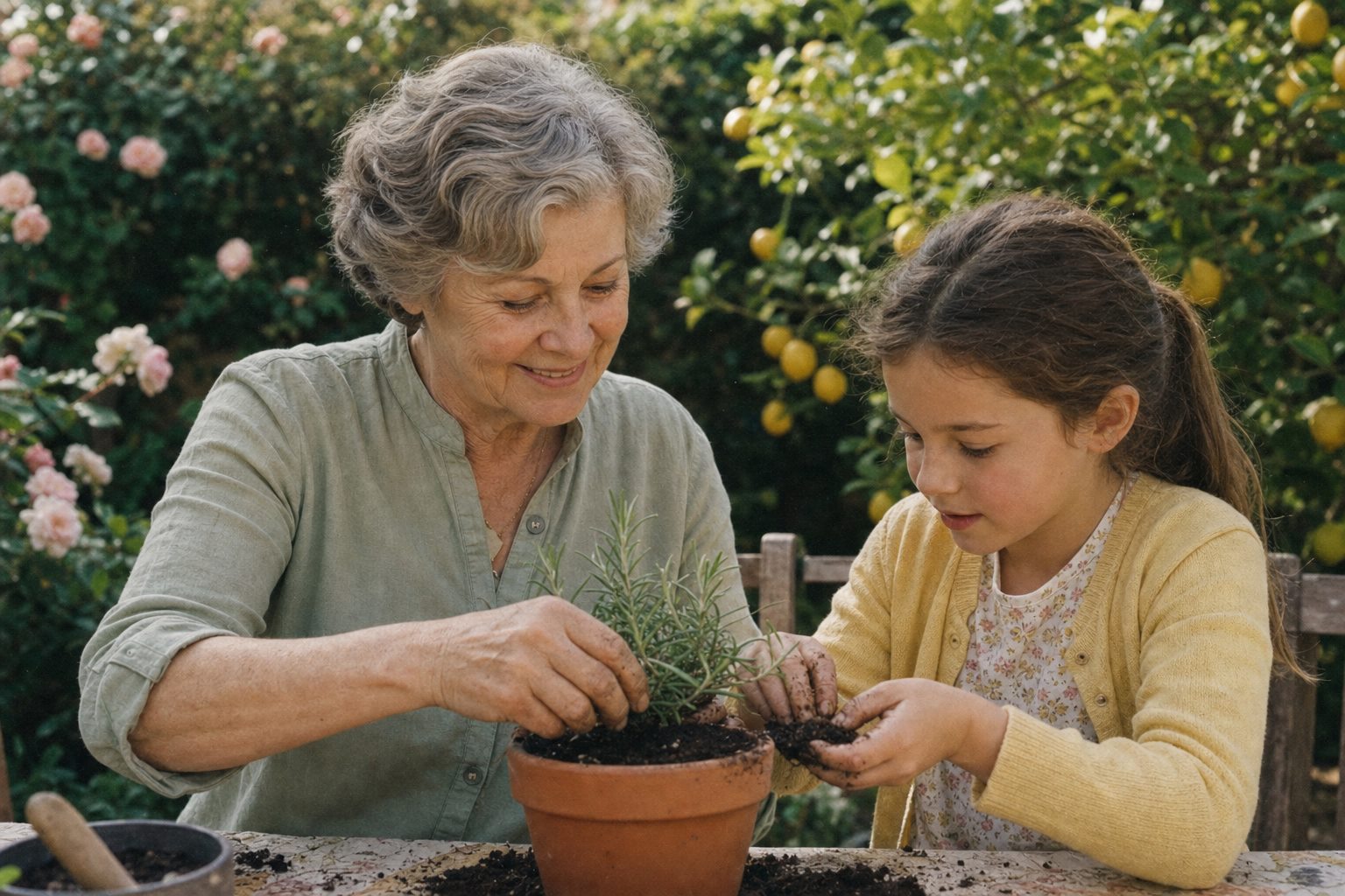 Margaret and Claire planting rosemary together