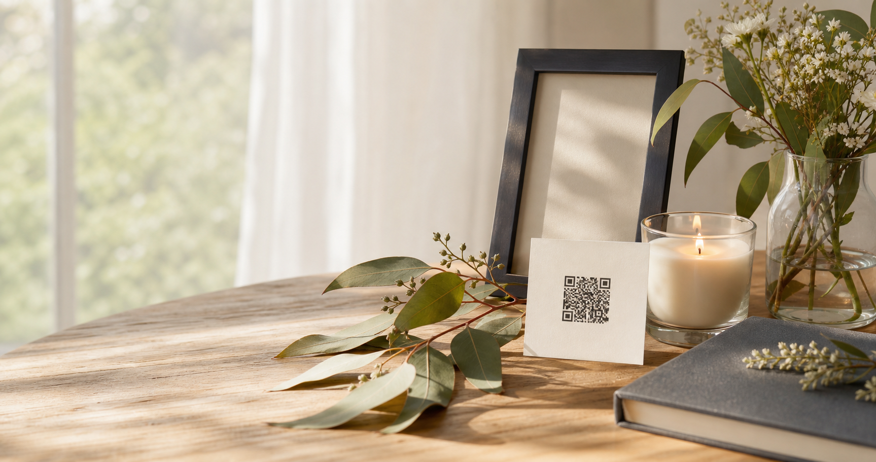 Memorial table with candle, flowers, a framed photo and a QR memorial card